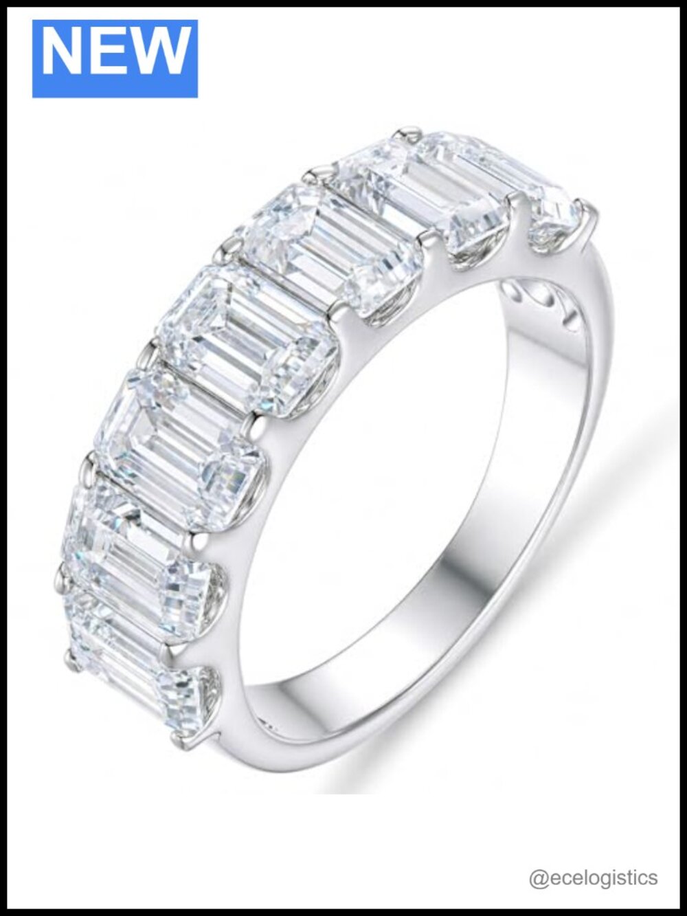 Emerald Cut Moissanite Eternity Band | VVS1 Rhodium Plated Wedding Ring